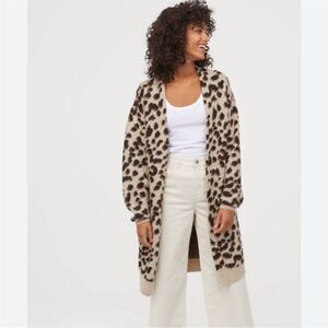 H&M Long Open Cardigan in Black Tan Brown Leopard Print - Size S